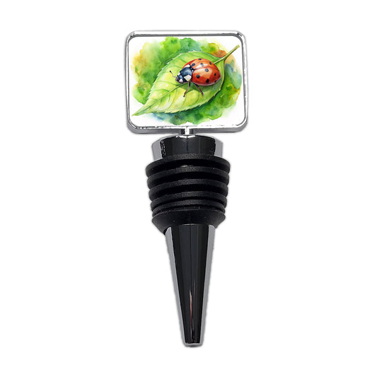 Ladybug On Leaf Watercolor Wine Bottle Stopper