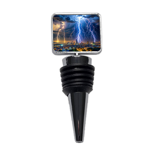 Lighting Strikes Over City At Night Wine Bottle Stopper