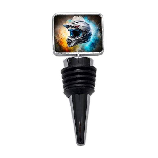 Motocross Racing Bike Helmet Black Watercolor Wine Bottle Stopper