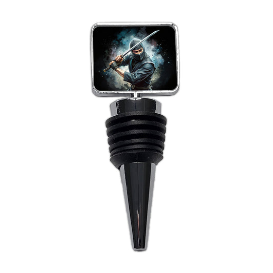 Ninja With Katana Black Watercolor Wine Bottle Stopper