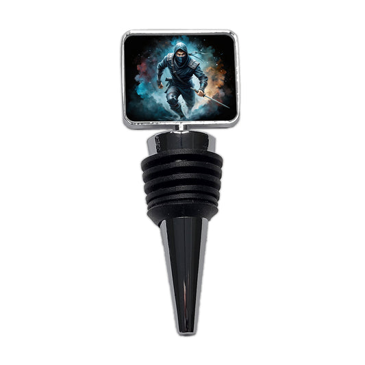 Ninja with Katana Running Black Watercolor Wine Bottle Stopper