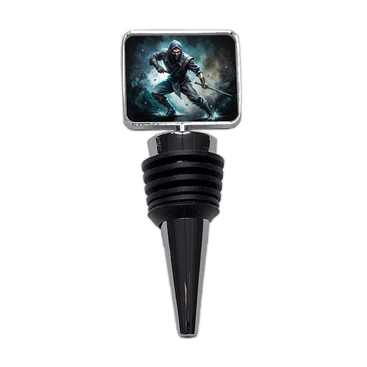 Ninja with Katana Sword Black Watercolor Wine Bottle Stopper
