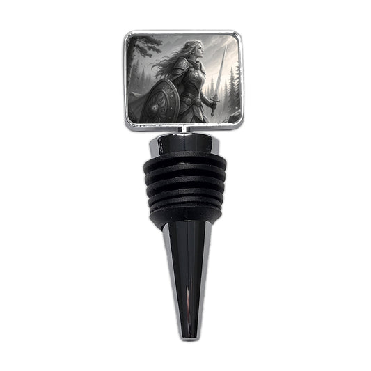 Nordic Viking Fantasy Woman Warrior Black And White Wine Bottle Stopper