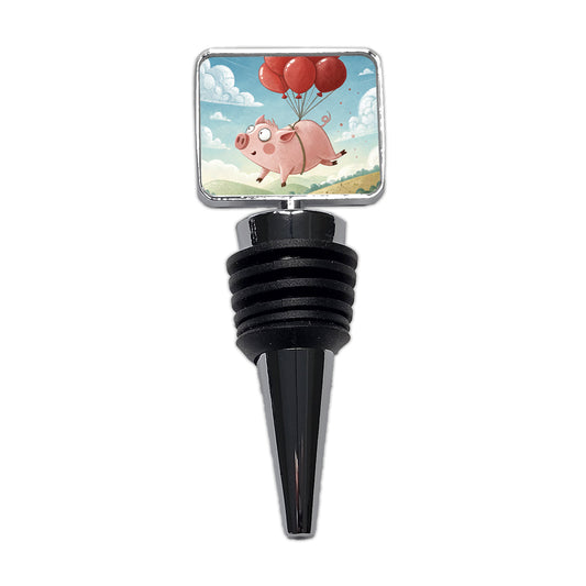 Pig Floating Through Sky Hanging From Red Balloons Wine Bottle Stopper