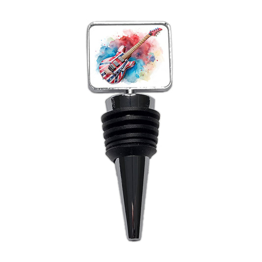 Red White Blue Rock and Roll Guitar Watercolor Wine Bottle Stopper