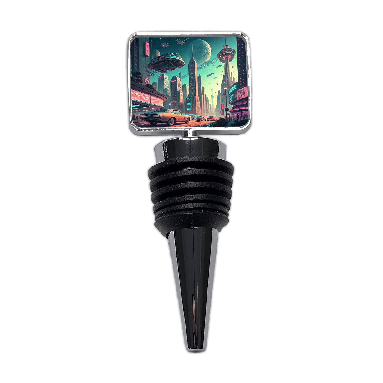 Retro Sci-fi Poster Art Futuristic City Scene Wine Bottle Stopper