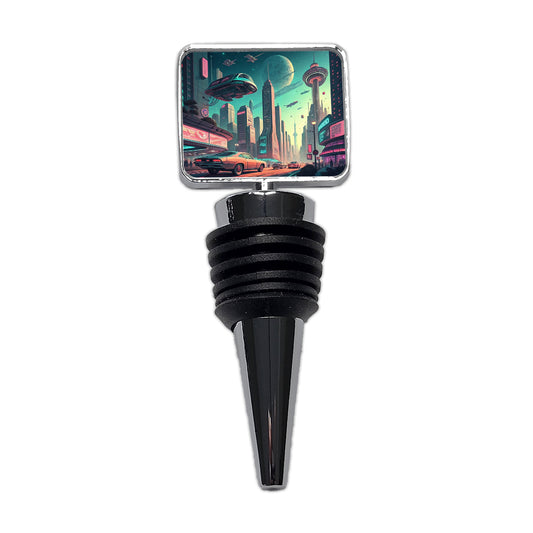 Retro Sci-fi Poster Art Futuristic City Scene Wine Bottle Stopper