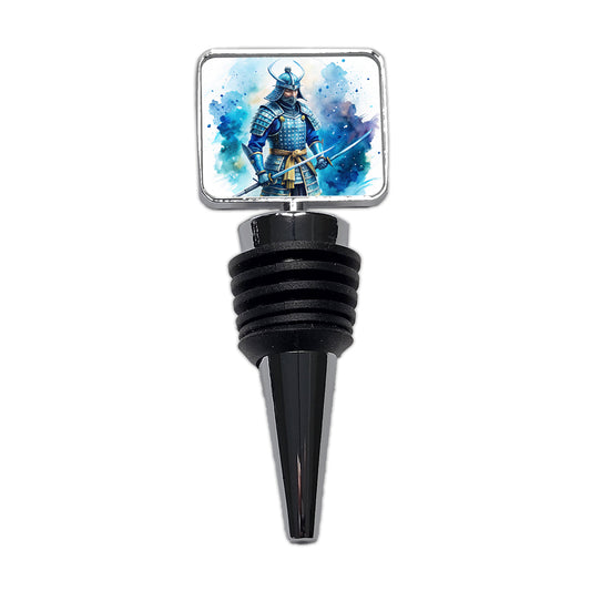 Samurai With Katana And Blue Armor Watercolor Wine Bottle Stopper