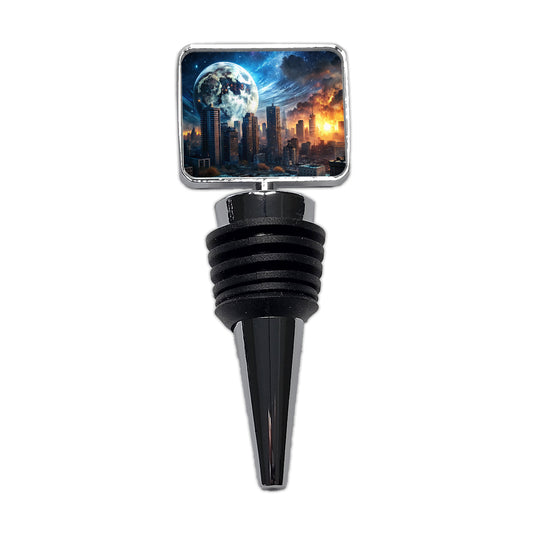 Sci-fi Apocalypse Cityscape City At Night Under a Large Full Moon Wine Bottle Stopper