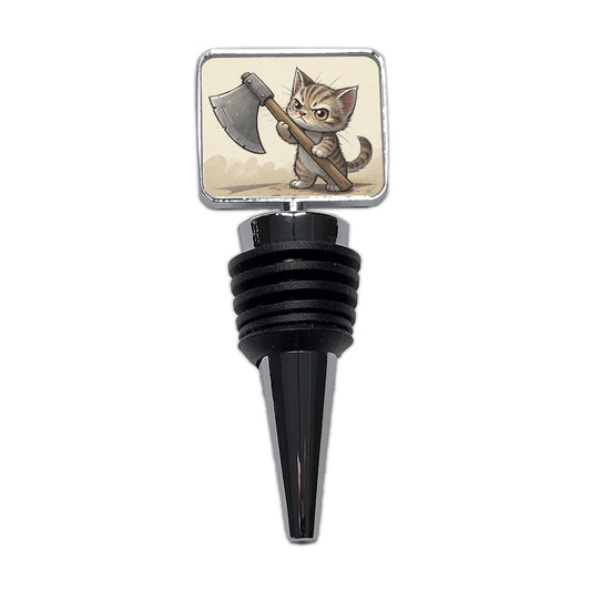 Small Cat Kitten Wielding a Large Axe Funny Fantasy Wine Bottle Stopper