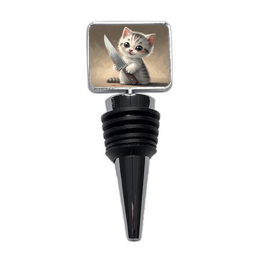 Small Cute Cat Kitten with a Butcher Knife Funny Wine Bottle Stopper