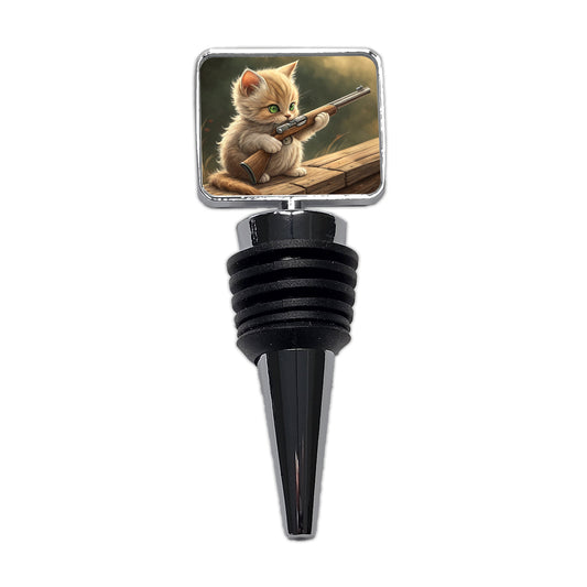 Small Cute Fuzzy Cat Kitten with a Shotgun Funny Wine Bottle Stopper
