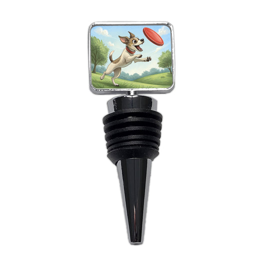 Small Dog Catching a Flying Disc Wine Bottle Stopper