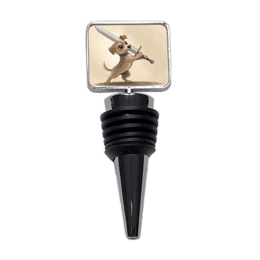 Small Dog Wielding a Large Sword Funny Fantasy Wine Bottle Stopper