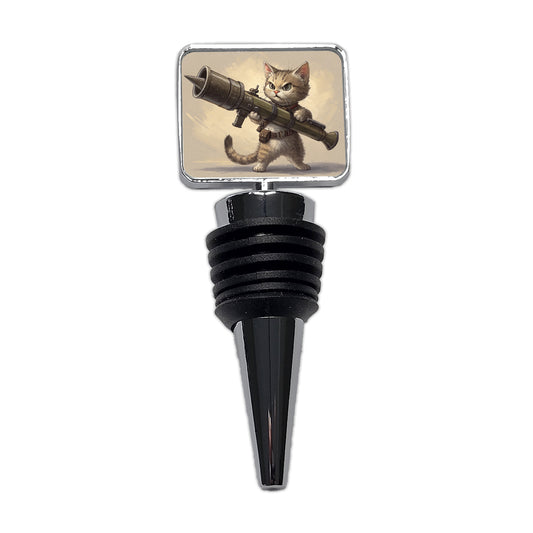 Small Fuzzy Cat Kitten with a Rocket Launcher Funny Wine Bottle Stopper