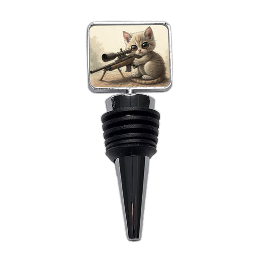 Small Fuzzy Cat Kitten With A Sniper Rifle Funny Wine Bottle Stopper