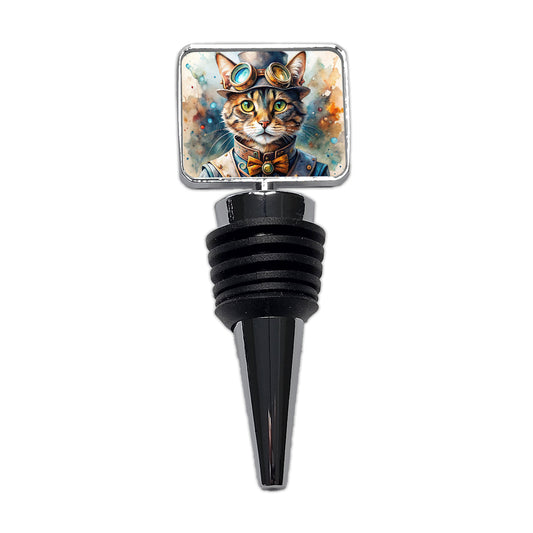 Steampunk Cat Hat and Goggles Watercolor Wine Bottle Stopper