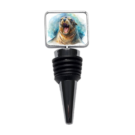 Angry Sea Lion Watercolor Wine Bottle Stopper