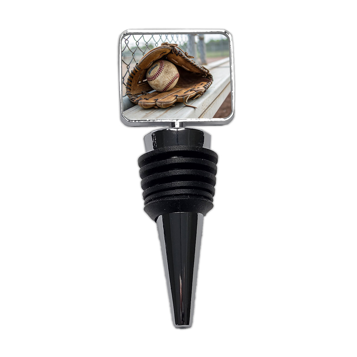 Baseball Glove With Baseball on Dugout Bench Wine Bottle Stopper