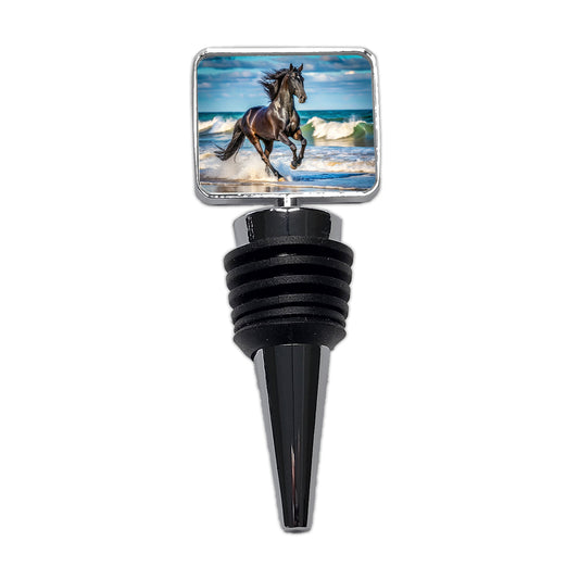 Black Horse Stallion Galloping On The Beach Wine Bottle Stopper