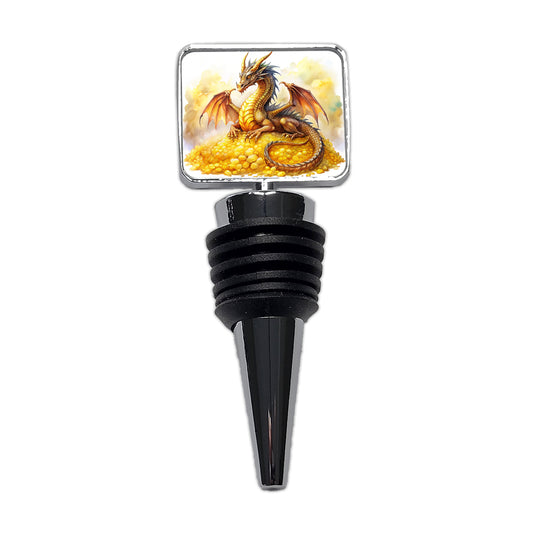 Fantasy Dragon Laying on Gold Watercolor Wine Bottle Stopper