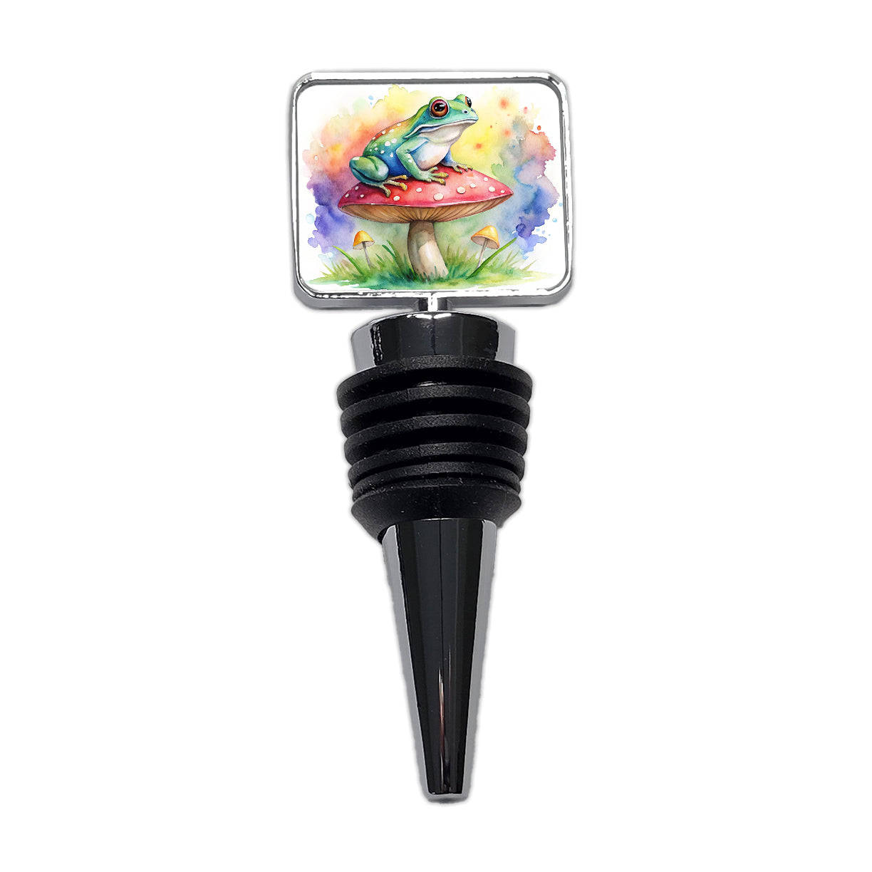 Frog Sitting On A Magical Mushroom Watercolor Wine Bottle Stopper