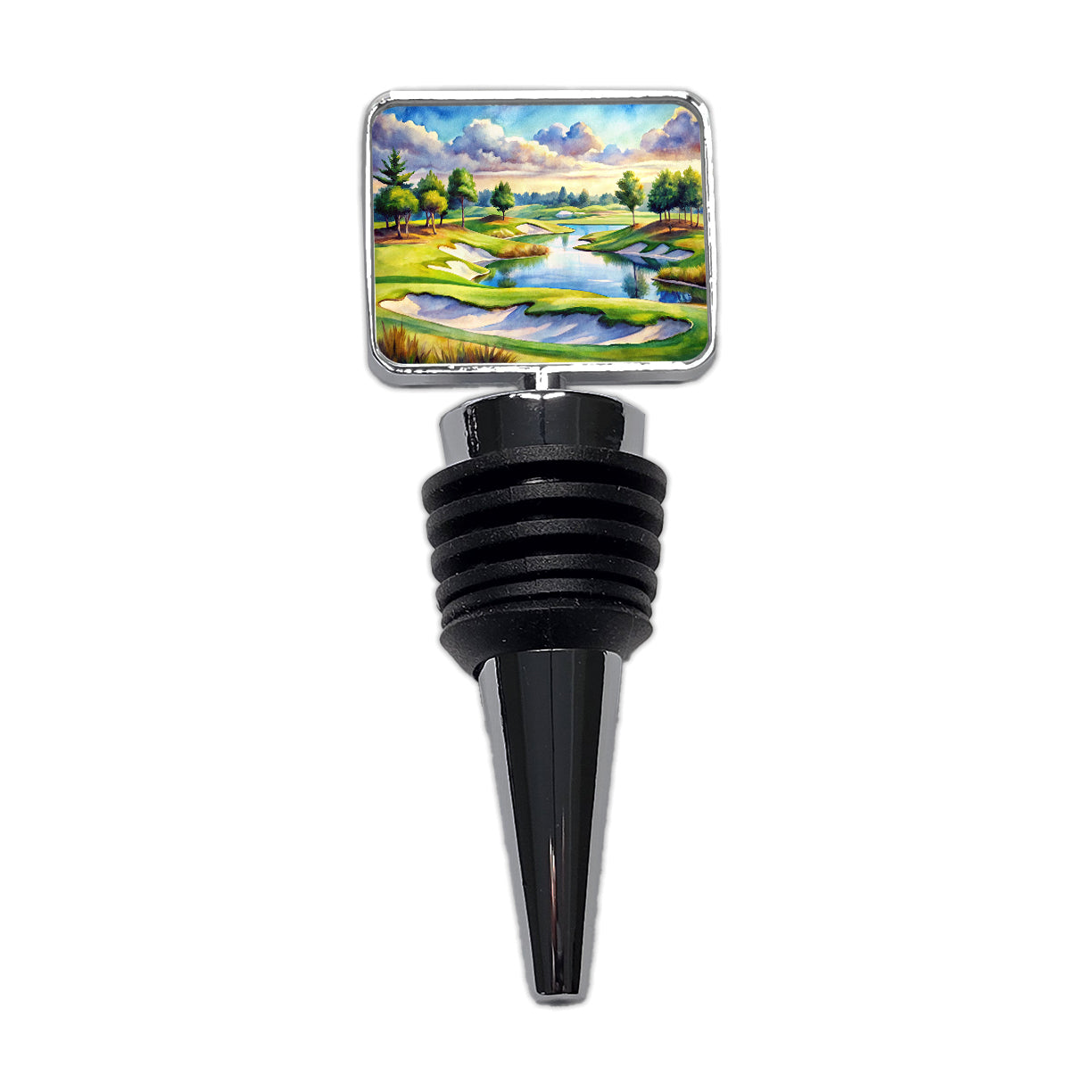 Golf Course With Sand Traps And Lake Watercolor Wine Bottle Stopper