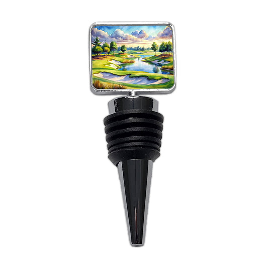 Golf Course With Sand Traps And Lake Watercolor Wine Bottle Stopper