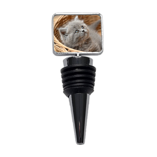 Gray British Longhair Kitten in a Basket Wine Bottle Stopper