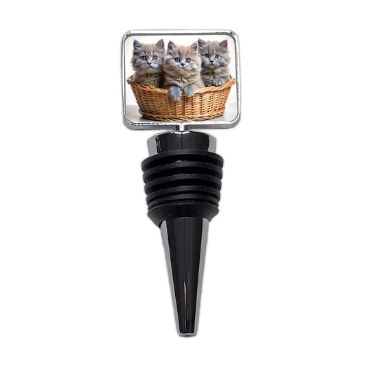 Gray British Longhair Kittens In A Basket Wine Bottle Stopper