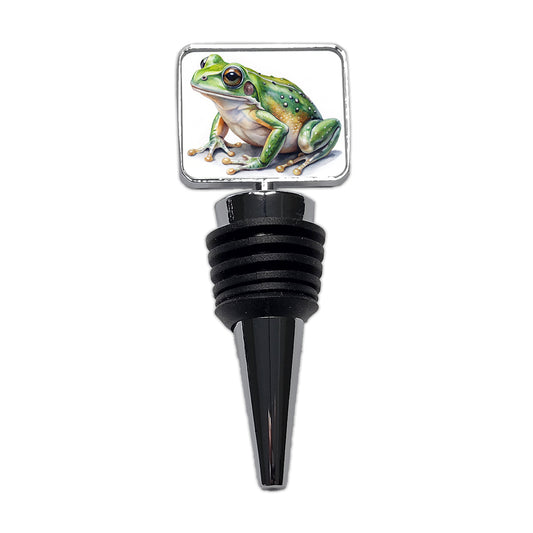 Green Frog Watercolor Wine Bottle Stopper