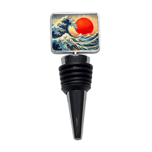 Japanese Blue Ocean Waves Large Red Sun Ink Painting Wine Bottle Stopper