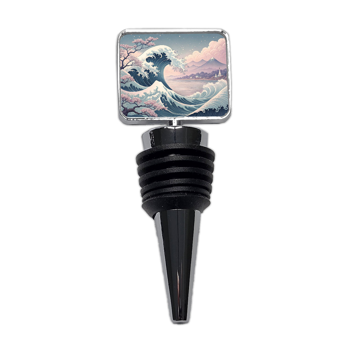 Japanese Blue Pink Ocean Waves and Sakura Blossoms Wine Bottle Stopper