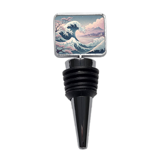 Japanese Blue Pink Ocean Waves and Sakura Blossoms Wine Bottle Stopper