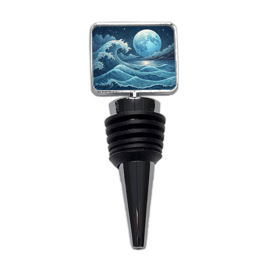 Japanese Ocean Waves Under Large Moon Wine Bottle Stopper