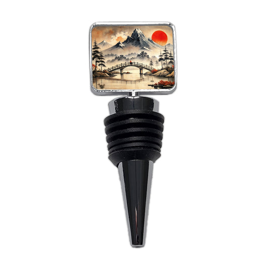 Japanese Style Ink Painting Bridge Over Water Landscape Wine Bottle Stopper