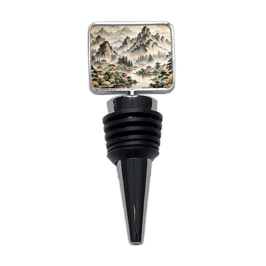 Japanese Style Ink Painting Lake and Mountains Landscape Wine Bottle Stopper