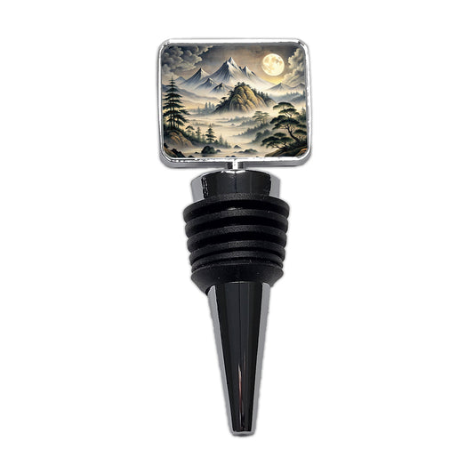 Japanese Style Ink Painting Landscape Misty Mountains Large Moon Wine Bottle Stopper