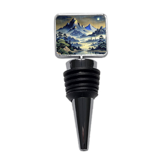 Japanese Style Ink Painting Landscape Mountains At Night Wine Bottle Stopper