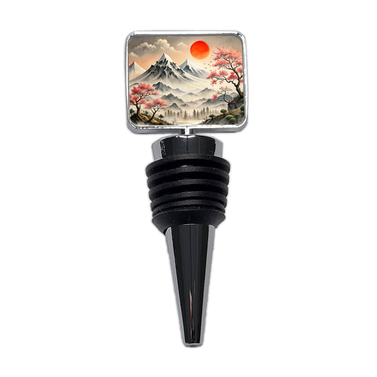 Japanese Style Ink Painting Landscape Mountains Under Red Sun Wine Bottle Stopper