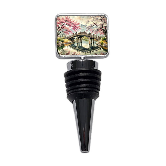Japanese Style Ink Painting Sakura Trees Bridge Water Landscape Wine Bottle Stopper