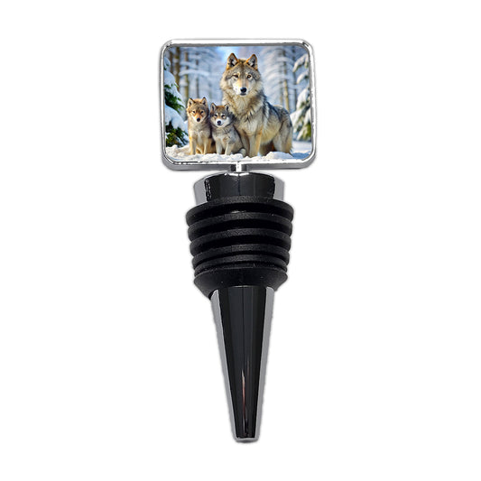 Mother Wolf And Pups In Winter Wine Bottle Stopper