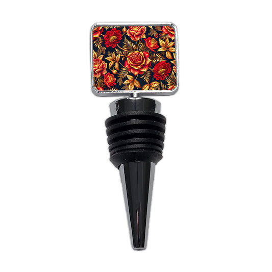 Neon Red And Gold Rose Floral Pattern Wine Bottle Stopper