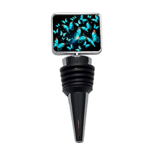 Neon Teal Blue Butterflies Wine Bottle Stopper