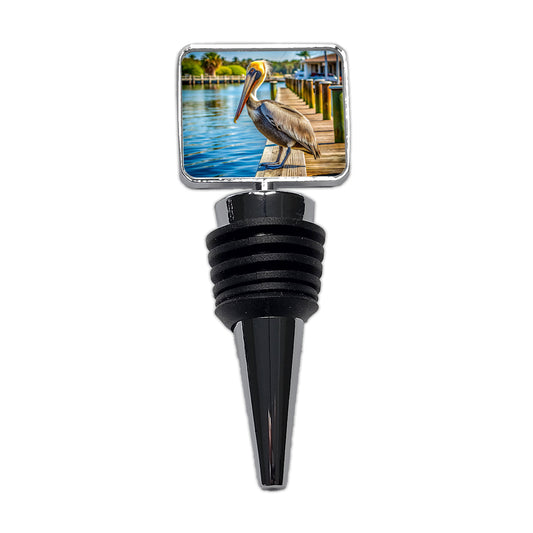 Pelican On Dock Wine Bottle Stopper