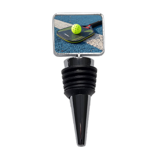 Pickleball Paddle and Ball on Court Wine Bottle Stopper