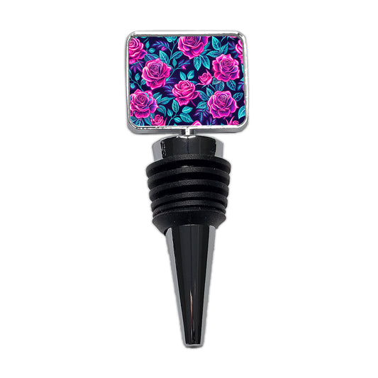 Pink Neon Rose Floral Pattern Wine Bottle Stopper