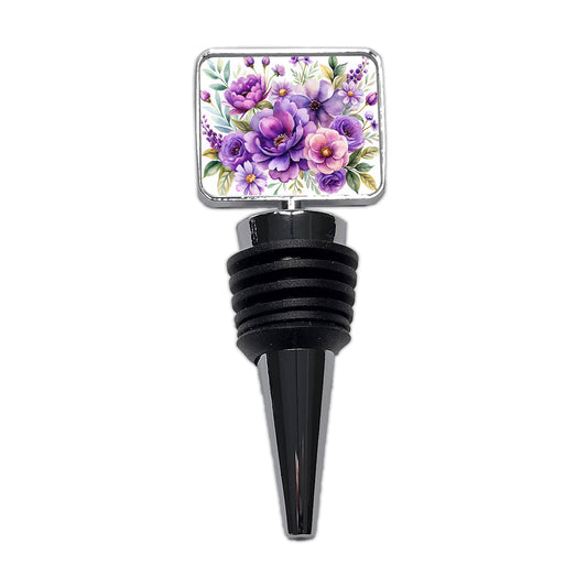 Purple Watercolor Flowers Wine Bottle Stopper