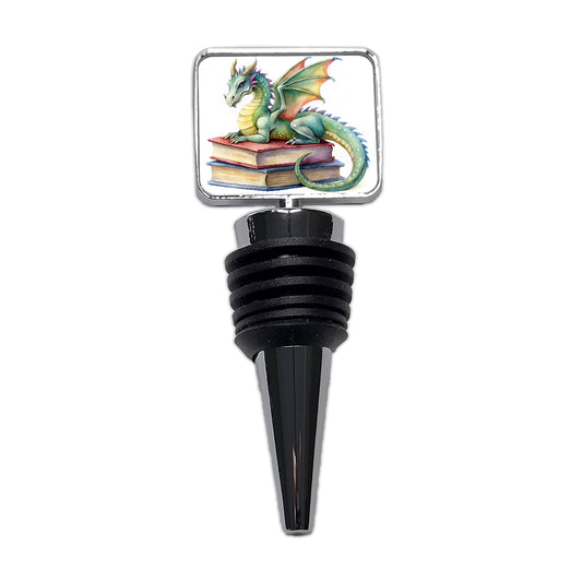 Reading Dragon Laying On Top Books Watercolor Wine Bottle Stopper