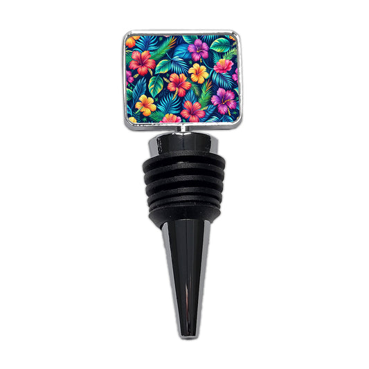 Tropical Neon Hibiscus Floral Pattern Wine Bottle Stopper